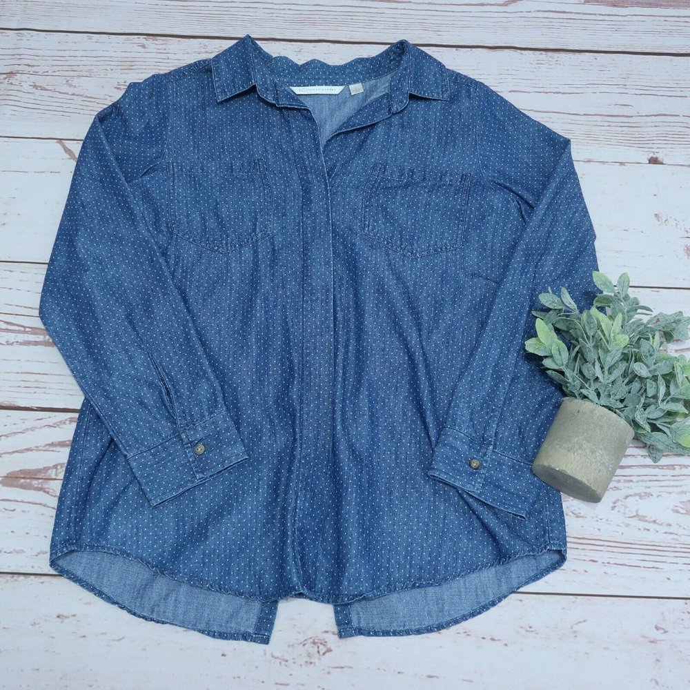 LC Lauren Conrad Large Popover Top Blue Chambray White Pindot LS Cotton Blend
